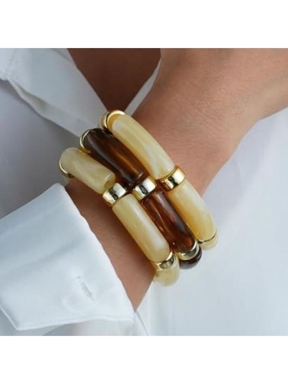 6pcs Chunky Acrylic Bangle Bracelets Resin Bamboo Brown and Pearl White Tone - Picture 5 of 10